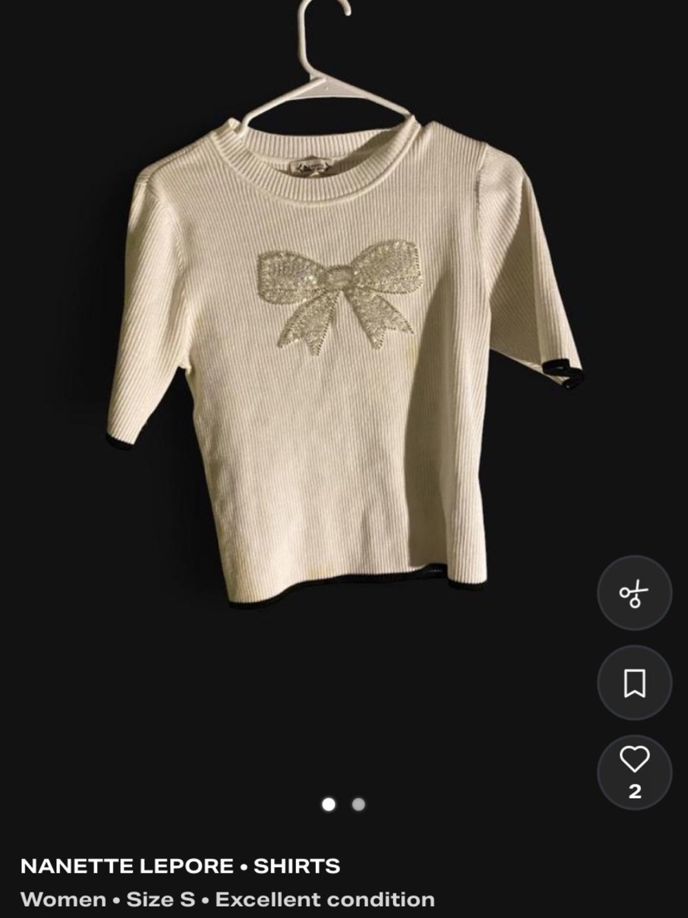 Nanette Lepore Cream Short-Sleeve Ribbed Top with Decorative Bow
